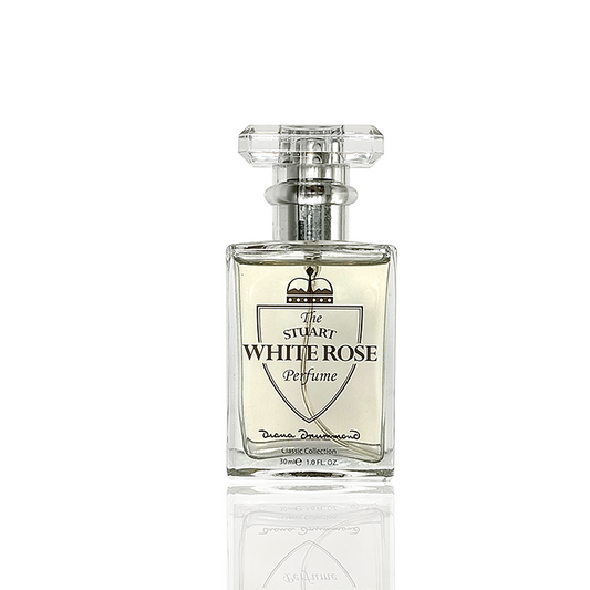Diana Drummond The Stuart White Rose classic perfume bottle on marble surface