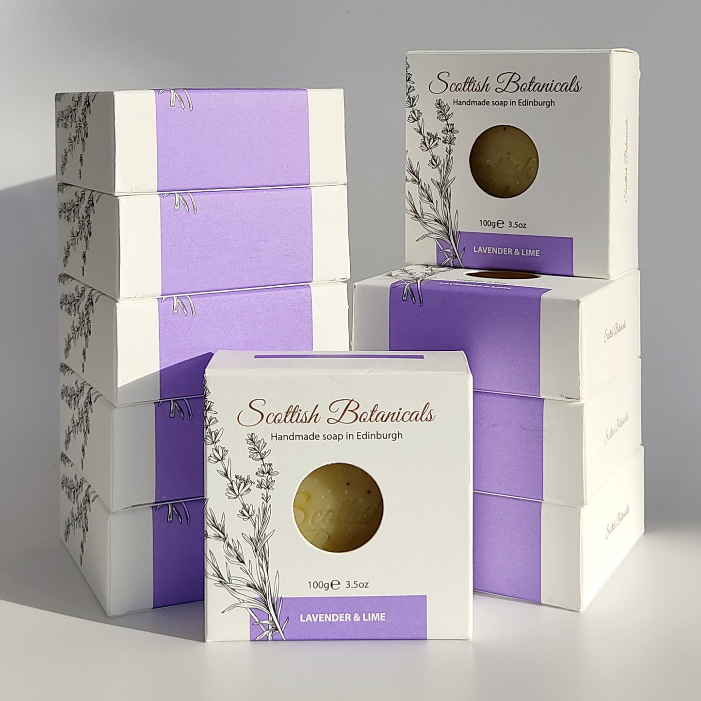 SCOTTISH BOTANICALS Lavender & Lime Soap Bundle - Case of 10 – a set of 10 refreshing soaps infused with lavender and lime, crafted to gently cleanse and rejuvenate the skin, leaving it soft, invigorated, and beautifully scented. by diana drummond