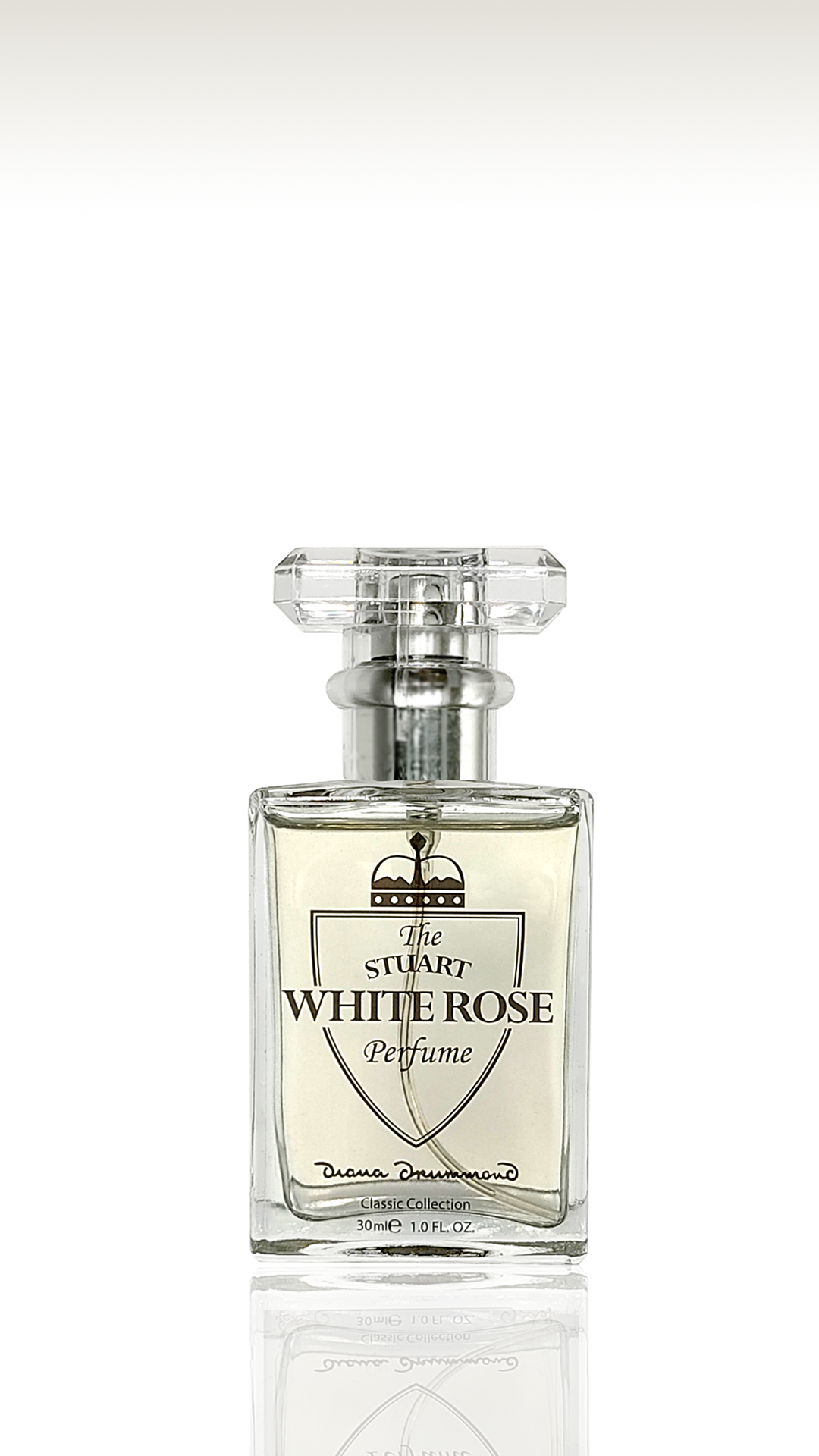 Elegant glass bottle of The Stuart White Rose perfume by Diana Drummond