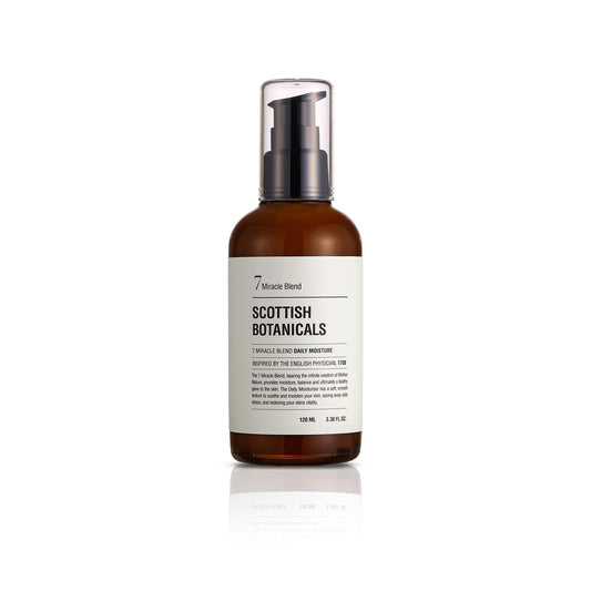 Pump bottle of Scottish Botanicals 7 Miracle Blend Daily Moisture enriched with seven herbal extracts
