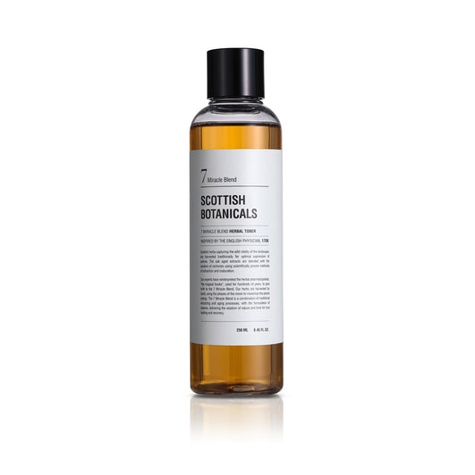 250ml plastic bottle of Scottish Botanicals 7 Miracle Blend Herbal Toner with seven herbal extracts for soothing skin