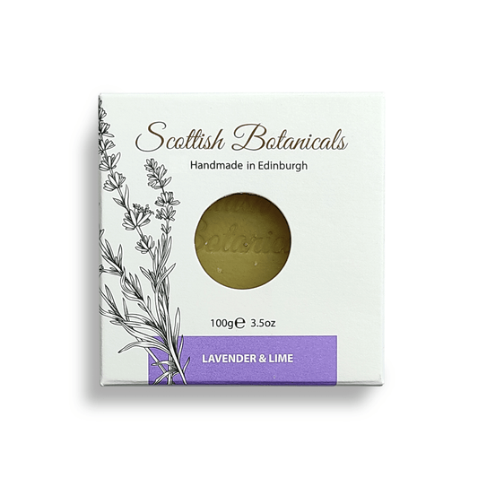Artisan soap with lavender and lime essential oils, handcrafted in Scotland