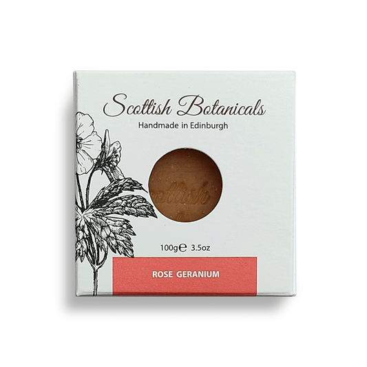 SCOTTISH BOTANICALS Rose Geranium soap bar with floral aroma and natural botanicals