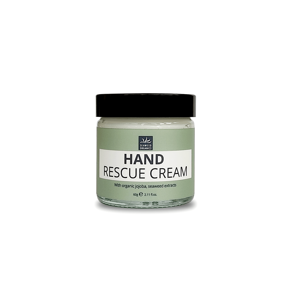 SEAWEED ORGANICS Hand Rescue Cream jar with seaweed extracts on a coastal stone