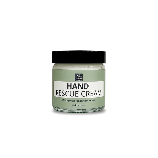 SEAWEED ORGANICS Hand Rescue Cream jar with seaweed extracts on a coastal stone