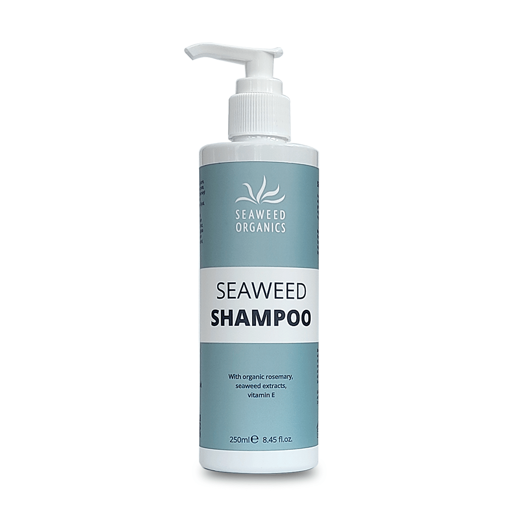 Vegan Seaweed Organics shampoo with rosemary and seaweed extracts in eco-friendly bottle