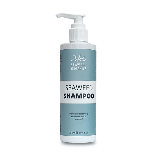 Vegan Seaweed Organics shampoo with rosemary and seaweed extracts in eco-friendly bottle