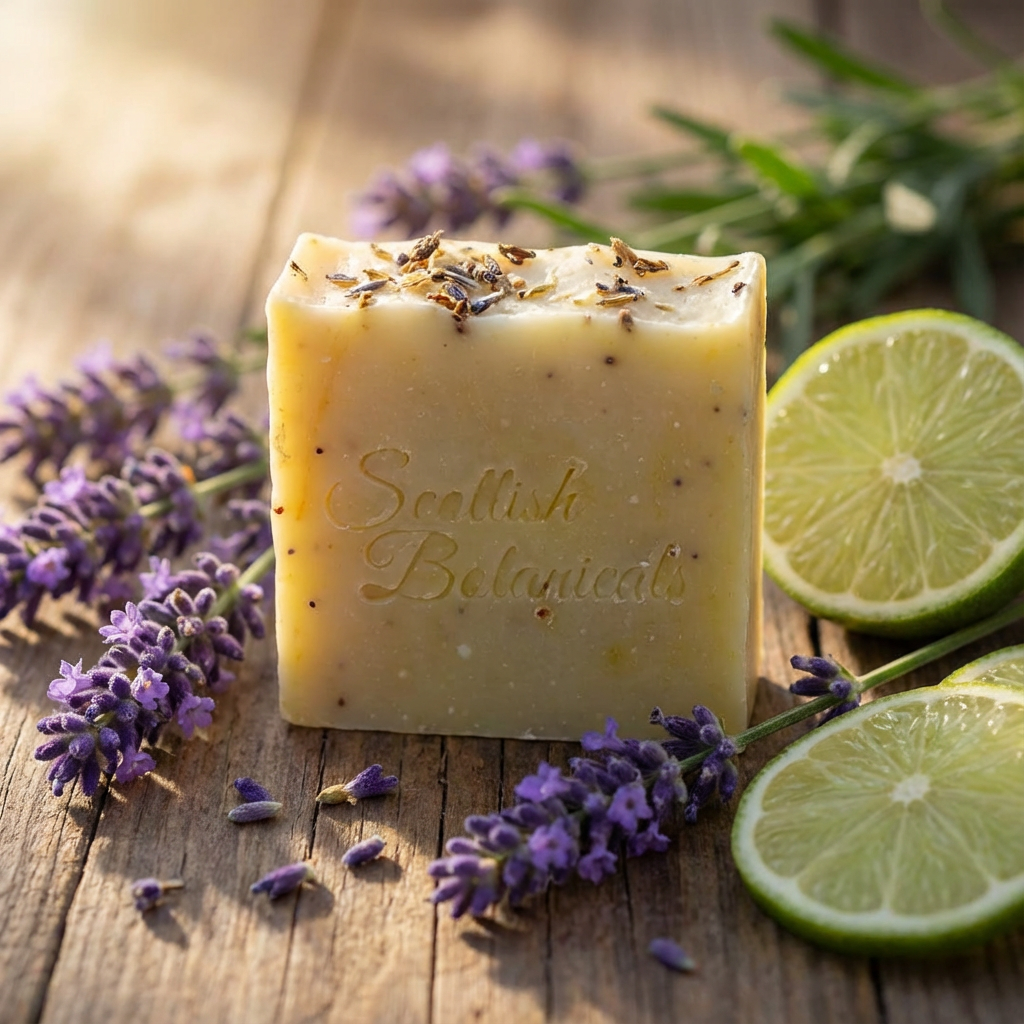 Bar of soap with 'Scottish Botanics' branding surrounded by lavender flowers and lime slices on a wooden surface.