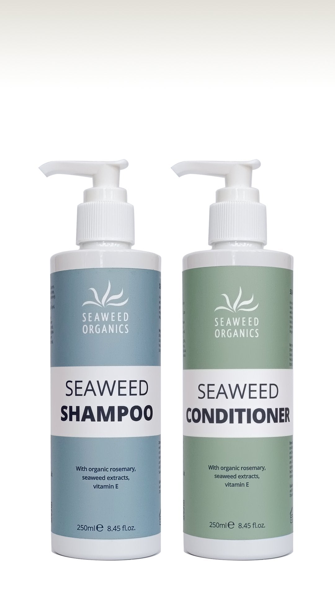 Close-up of Seaweed Organics shampoo label highlighting vitamin E and organic rosemary ingredients