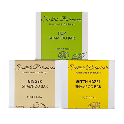 SCOTTISH BOTANICALS Ginger, Hop & Witch Hazel Shampoo Bar Gift Set – a natural shampoo bar set featuring the invigorating combination of ginger, hop, and witch hazel, designed to cleanse, nourish, and revitalize the hair and scalp." by diana drummond