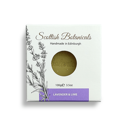 SCOTTISH BOTANICALS Lavender & Lime Soap – a refreshing soap infused with lavender and lime, crafted to gently cleanse, invigorate, and hydrate the skin, leaving it feeling fresh, soft, and subtly scented. by diana drummond