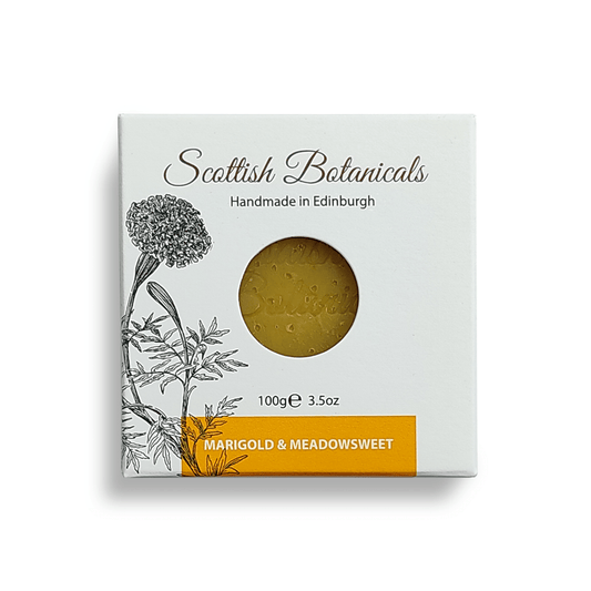 SCOTTISH BOTANICALS Marigold & Meadowsweet Soap – a soothing soap infused with marigold and meadowsweet, crafted to gently cleanse and nourish the skin, leaving it soft, refreshed, and delicately scented. by diana drummond