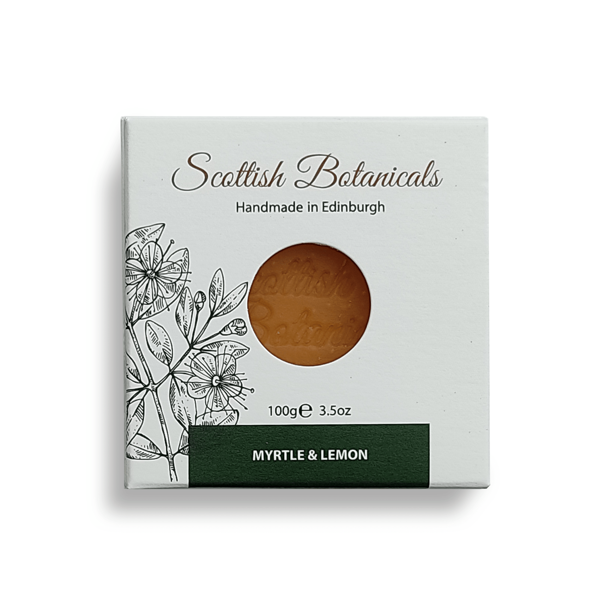 SCOTTISH BOTANICALS Myrtle & Lemon Soap – a revitalizing soap infused with myrtle and lemon, designed to gently cleanse, energize, and refresh the skin, leaving it smooth, invigorated, and subtly scented. by diana drummond