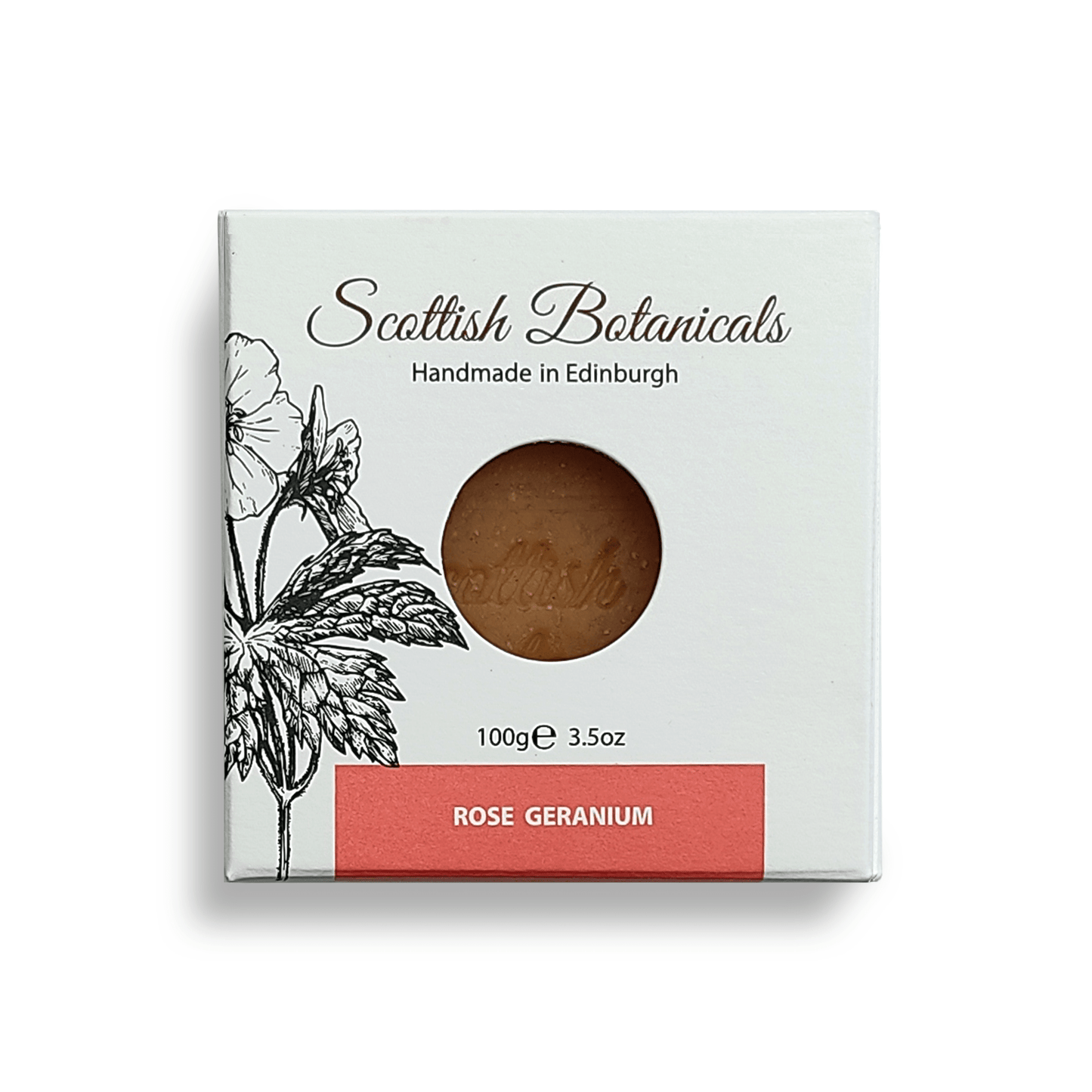 SCOTTISH BOTANICALS Rose Geranium Soap – a luxurious soap infused with rose geranium, crafted to gently cleanse and nourish the skin, leaving it soft, refreshed, and delicately scented with a floral aroma. by diana drummond