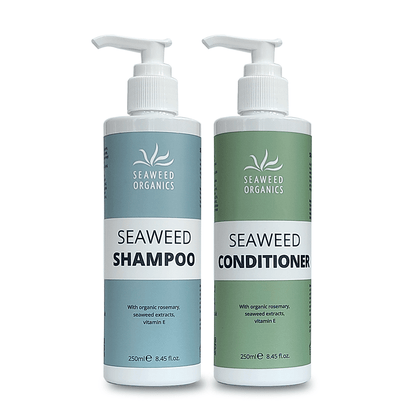 Vegan Seaweed Shampoo and Conditioner set bottle with organic rosemary and seaweed extracts for scalp health